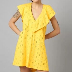 ASOS Design Bright Yellow Broderie Frill Ruffle Over Layer Summer Dress SZ 14